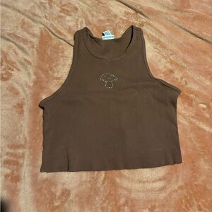 cute brown tank top with rhinestone mushroom on the front crop top